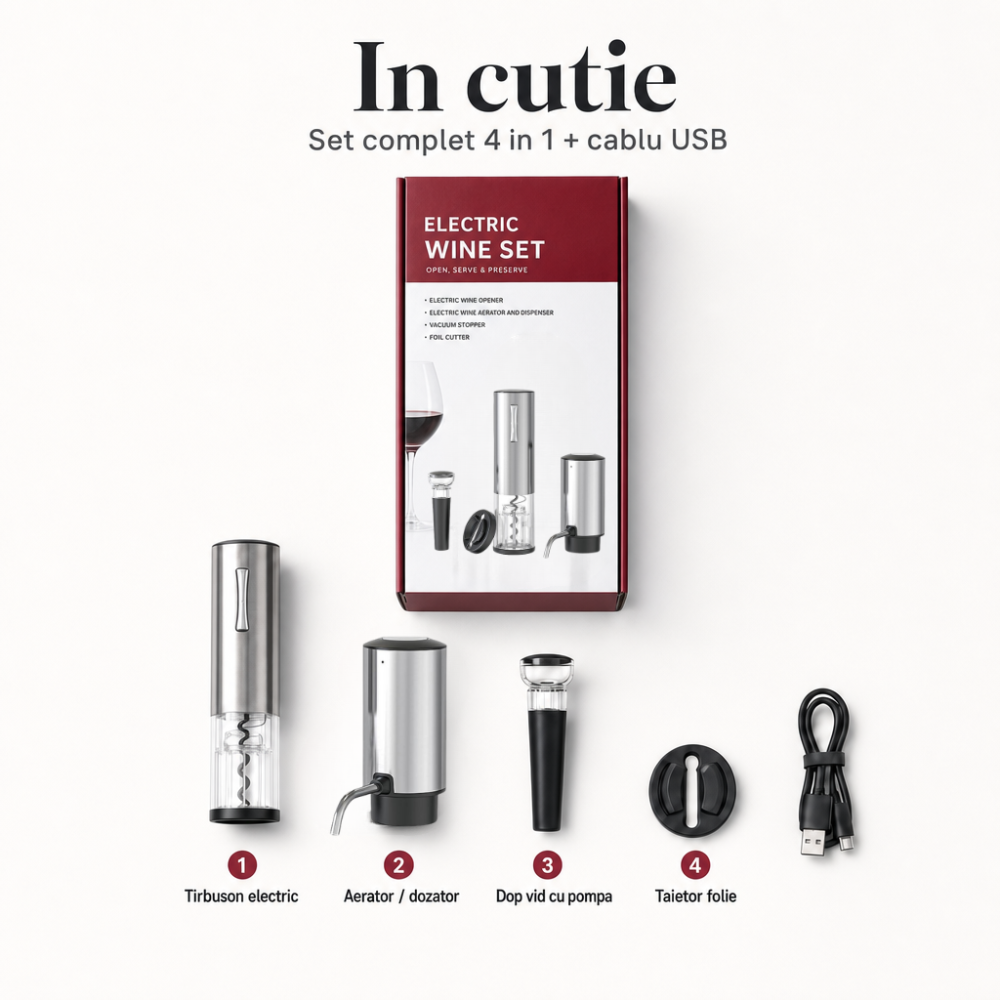 Tirbuson electric automat, reincarcabil, Set 4 in 1, aerator si dozator de vin electric, accesoriu taiat sigiliu sticla, dop sticla vin cu pompa vid pentru a scoate aerul, functie inainte-inapoi, One- [11]