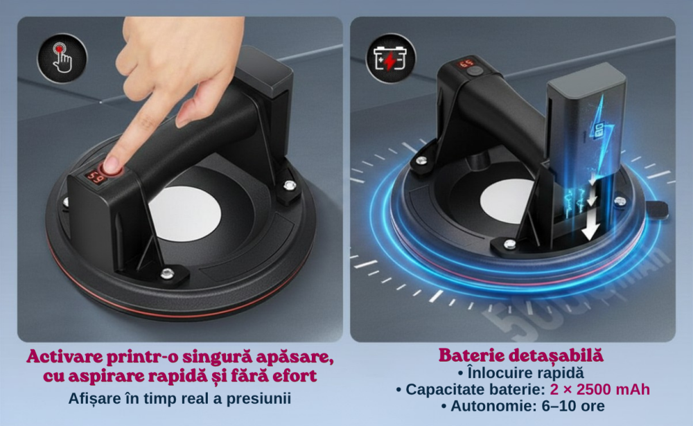 Ventuza Electrica Profesionala, Reincarcabila, Baterie 2400mAh, Afisaj digital, Vacum cu afisaj LED, pentru ridicat materiale grele, 300kg, sticla, usi, geamuri, placi ceramice, marmura, gresie, Negru [12]