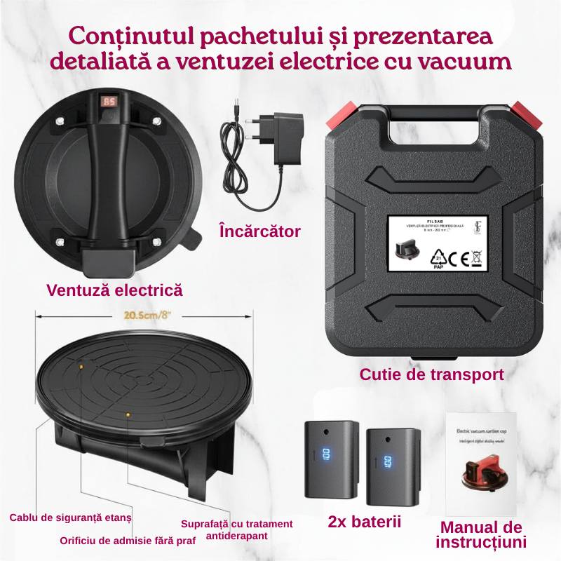 Ventuza Electrica Profesionala, Reincarcabila, Baterie 2400mAh, Afisaj digital, Vacum cu afisaj LED, pentru ridicat materiale grele, 300kg, sticla, usi, geamuri, placi ceramice, marmura, gresie, Negru [5]