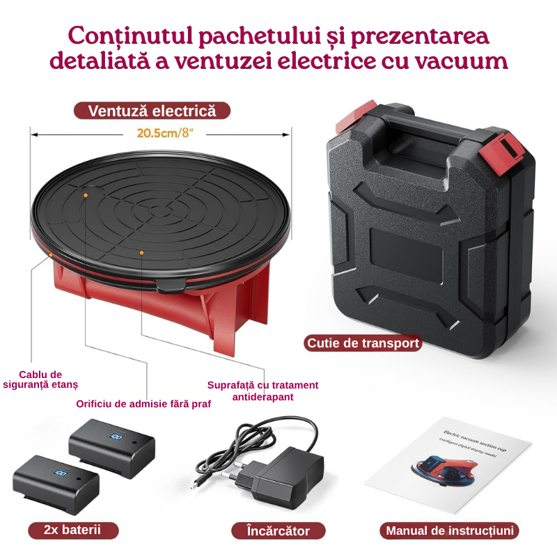Ventuza Electrica Profesionala, Reincarcabila, Baterie 2400mAh, Afisaj digital, Vacum cu afisaj LED, pentru ridicat materiale grele, sticla, usi, geamuri, placi ceramice, marmura, gresie, Rosu/Negru, [9]