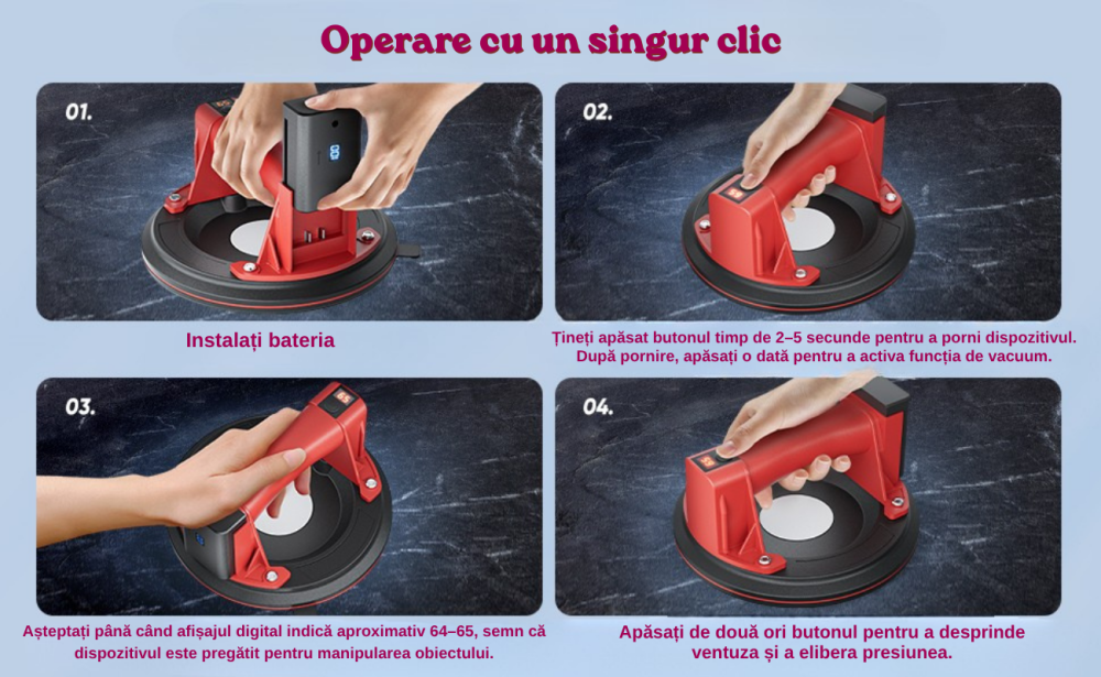 Ventuza Electrica Profesionala, Reincarcabila, Baterie 2400mAh, Afisaj digital, Vacum cu afisaj LED, pentru ridicat materiale grele, sticla, usi, geamuri, placi ceramice, marmura, gresie, Rosu/Negru, [13]