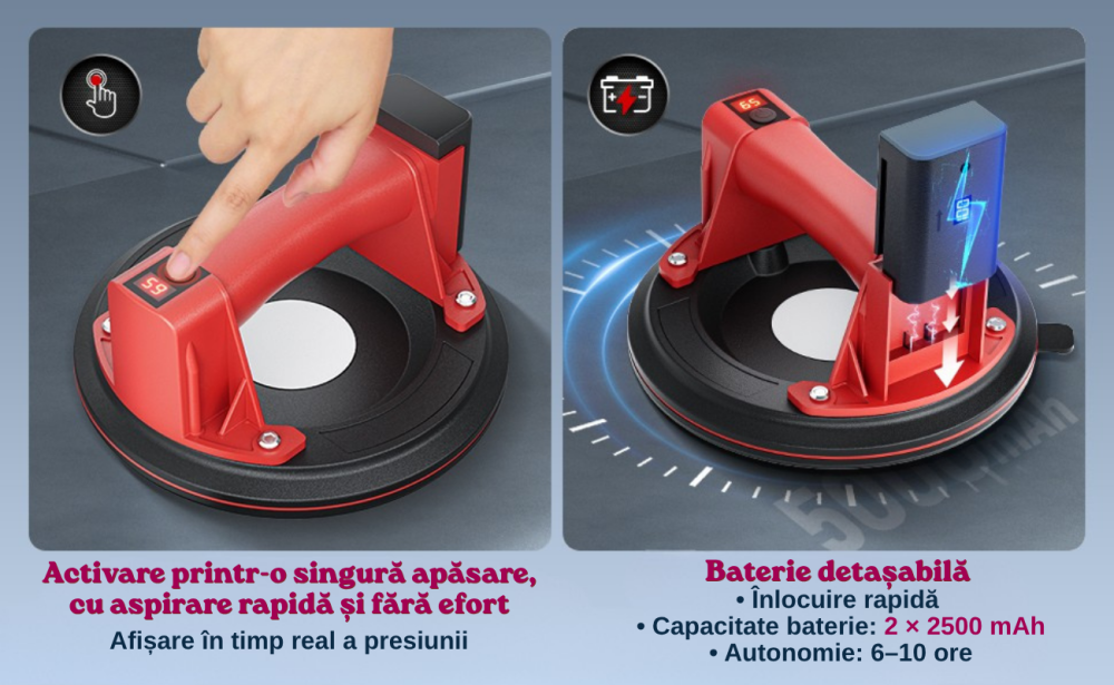Ventuza Electrica Profesionala, Reincarcabila, Baterie 2400mAh, Afisaj digital, Vacum cu afisaj LED, pentru ridicat materiale grele, sticla, usi, geamuri, placi ceramice, marmura, gresie, Rosu/Negru, [14]