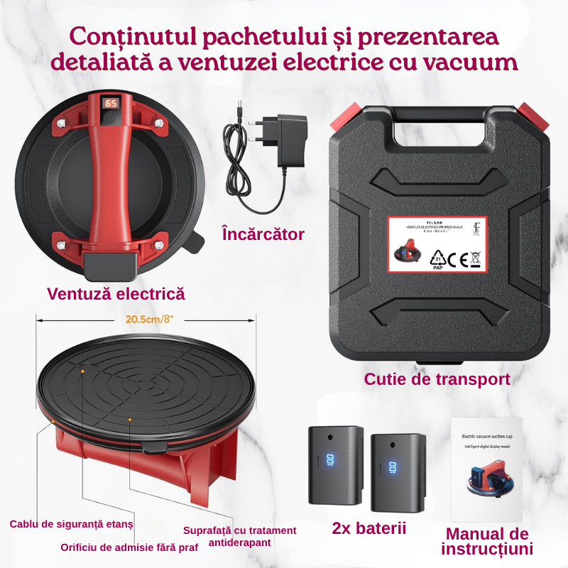 Ventuza Electrica Profesionala, Reincarcabila, Baterie 2400mAh, Afisaj digital, Vacum cu afisaj LED, pentru ridicat materiale grele, sticla, usi, geamuri, placi ceramice, marmura, gresie, Rosu/Negru, [6]