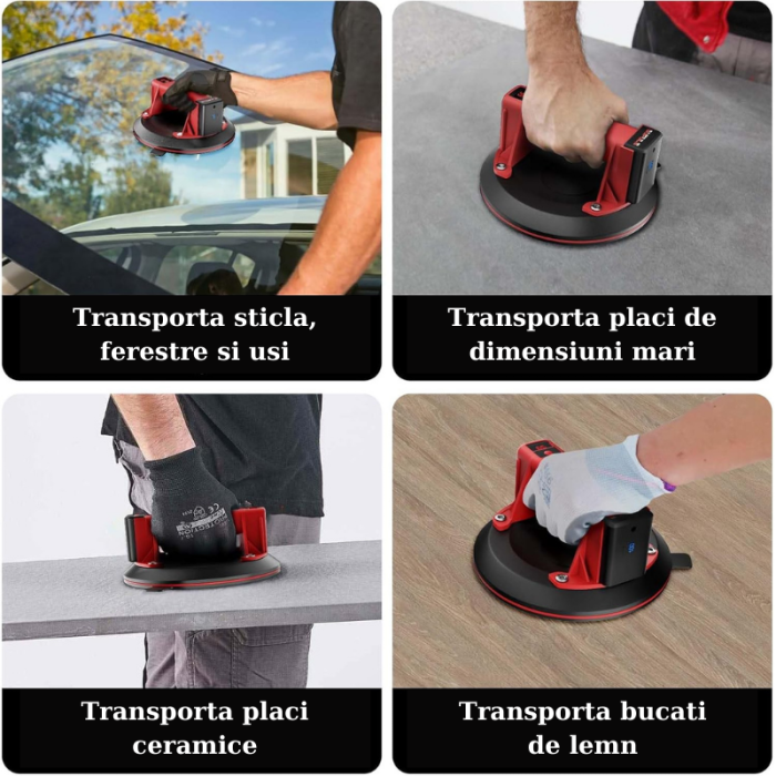 Ventuza Electrica Profesionala, Reincarcabila, Baterie 2400mAh, Afisaj digital, Vacum cu afisaj LED, pentru ridicat materiale grele, sticla, usi, geamuri, placi ceramice, marmura, gresie, Rosu/Negru,  [4]