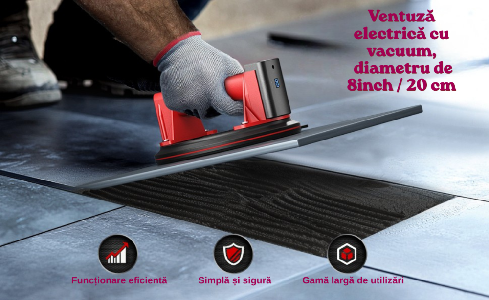 Ventuza Electrica Profesionala, Reincarcabila, Baterie 2400mAh, Afisaj digital, Vacum cu afisaj LED, pentru ridicat materiale grele, sticla, usi, geamuri, placi ceramice, marmura, gresie, Rosu/Negru, [10]