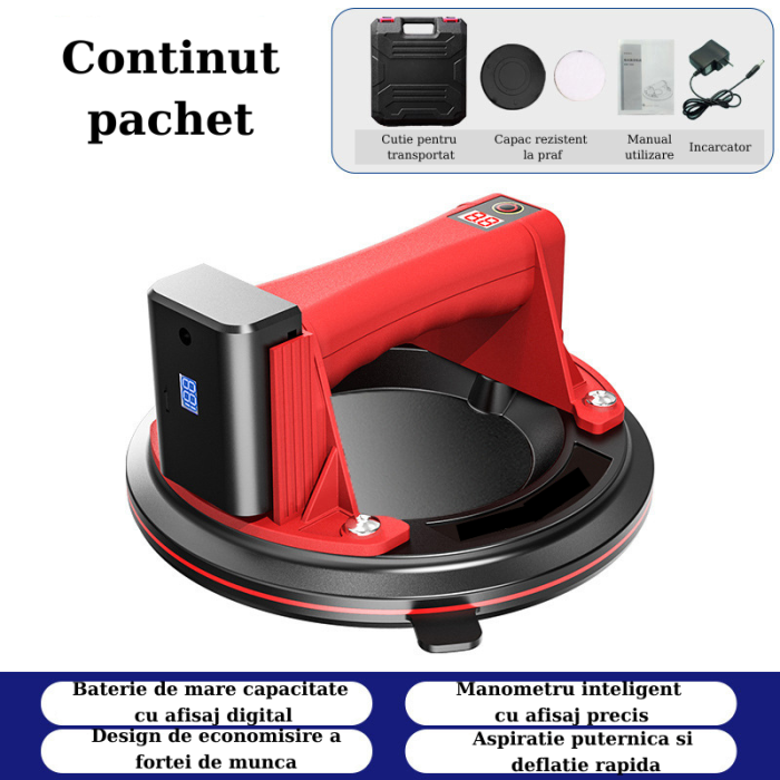 Ventuza Electrica Profesionala, Reincarcabila, Baterie 2400mAh, Afisaj digital, Vacum cu afisaj LED, pentru ridicat materiale grele, sticla, usi, geamuri, placi ceramice, marmura, gresie, Rosu/Negru,  [3]