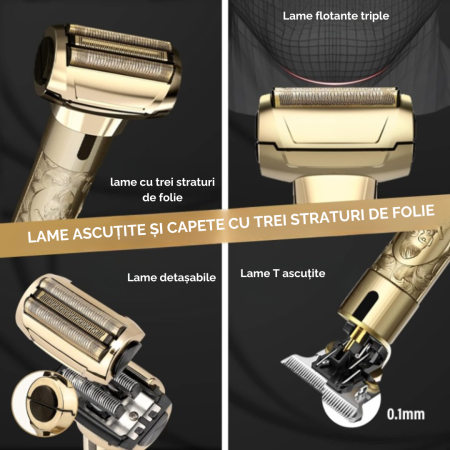 Aparat de Ras/Barbierit, Trimmer, Set Masina de Tuns Parul pentru Barbati, Trei Lame, Profesionale, Electric, Fara Fir, Incarcare USB, Acumulator, LCD Display, Impermeabil, Lama Ceramica din Titan, Fi [1]