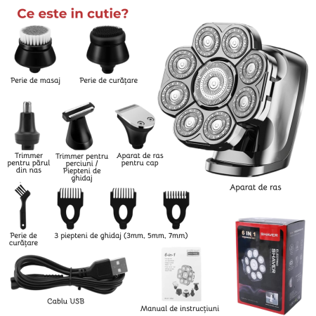 Aparat de ras electric 9D, Set Multifunctional 6 in 1, cu 9 lame rotative, Cap detasabil magnetic, Impermeabil, Barbierit uscat si umed, Afisaj LED, Reincarcabil USB, Pentru fata, Cap si Nas, FilSAB [8]