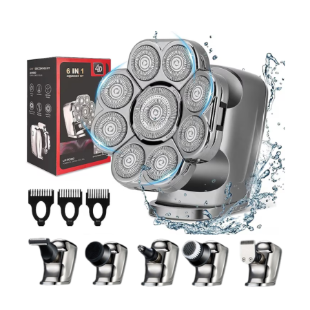 Aparate de ras electrice - Aparat de ras electric 9D, Set Multifunctional 6 in 1, cu 9 lame rotative, Cap detasabil magnetic, Impermeabil, Barbierit uscat si umed, Afisaj LED, Reincarcabil USB, Pentru fata, Cap si Nas, FilSAB