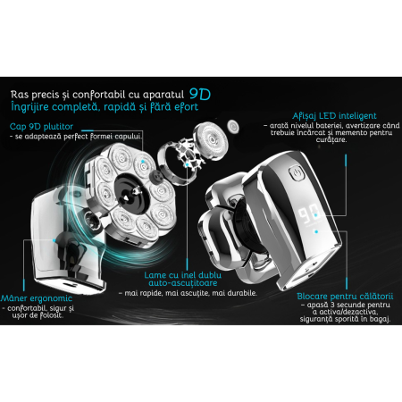 Aparat de ras electric 9D, Set Multifunctional 6 in 1, cu 9 lame rotative, Cap detasabil magnetic, Impermeabil, Barbierit uscat si umed, Afisaj LED, Reincarcabil USB, Pentru fata, Cap si Nas, FilSAB [6]