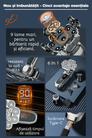 Aparat de ras electric Profesional, Set Multifunctional, Accesorii 6 in 1, 9 lame rotative, Cap detasabil magnetic, Impermeabil IPX6, Barbierit uscat si umed, Afisaj LED, Accesorii pentru Barba, Cap s [1]