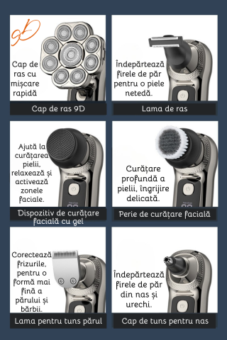 Aparat de ras electric Profesional, Set Multifunctional, Accesorii 6 in 1, 9 lame rotative, Cap detasabil magnetic, Impermeabil IPX6, Barbierit uscat si umed, Afisaj LED, Accesorii pentru Barba, Cap s [4]