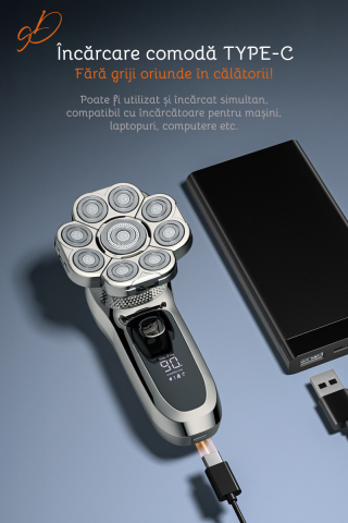 Aparat de ras electric Profesional, Set Multifunctional, Accesorii 6 in 1, 9 lame rotative, Cap detasabil magnetic, Impermeabil IPX6, Barbierit uscat si umed, Afisaj LED, Accesorii pentru Barba, Cap s [10]