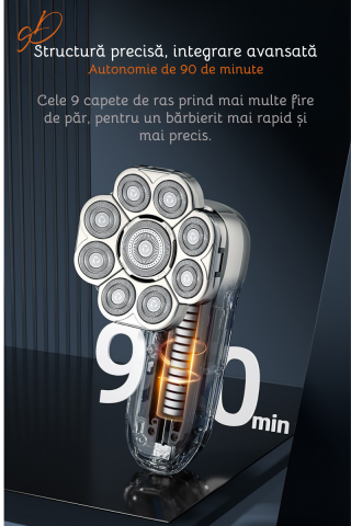 Aparat de ras electric Profesional, Set Multifunctional, Accesorii 6 in 1, 9 lame rotative, Cap detasabil magnetic, Impermeabil IPX6, Barbierit uscat si umed, Afisaj LED, Accesorii pentru Barba, Cap s [6]
