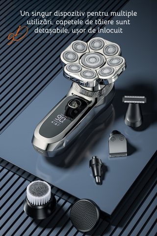 Aparat de ras electric Profesional, Set Multifunctional, Accesorii 6 in 1, 9 lame rotative, Cap detasabil magnetic, Impermeabil IPX6, Barbierit uscat si umed, Afisaj LED, Accesorii pentru Barba, Cap s [3]