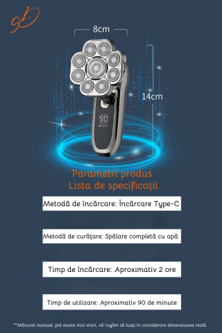 Aparat de ras electric Profesional, Set Multifunctional, Accesorii 6 in 1, 9 lame rotative, Cap detasabil magnetic, Impermeabil IPX6, Barbierit uscat si umed, Afisaj LED, Accesorii pentru Barba, Cap s [9]