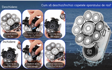 Aparat de ras electric, Set Multifunctional 6 in 1, 9 lame rotative, Cap detasabil magnetic, Impermeabil IPX6, Barbierit uscat si umed, Afisaj LED, Incarcare USB, Pentru fata, Cap si Nas, FilSAB [11]