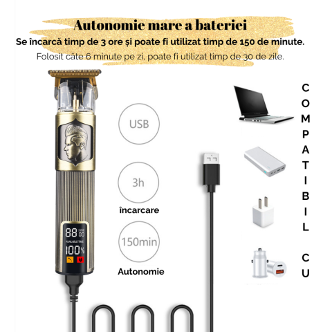 Aparat Profesional De Ras cu Display, Tuns si Conturat din Inox, Electric, Lama Ceramica din Titan in Forma de T, Reincarcabil, USB, Cap Rezistent la Apa, Retro Boy, Auriu, FilSAB [1]