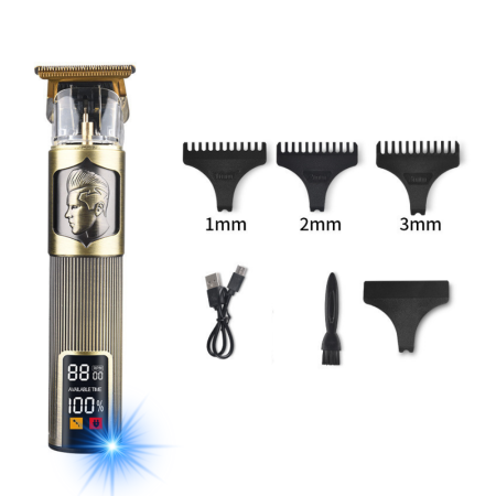 Aparate de ras electrice - Aparat Profesional De Ras cu Display, Tuns si Conturat din Inox, Electric, Lama Ceramica din Titan in Forma de T, Reincarcabil, USB, Cap Rezistent la Apa, Retro Boy, Auriu, FilSAB