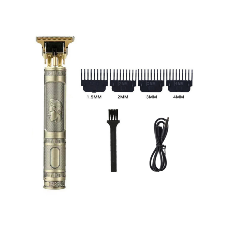 Aparate de ras electrice - Aparat Profesional De Ras, Tuns si Conturat din Inox, Electric, Lama Ceramica din Titan in Forma de T, Reincarcabil, USB, 4 Gratare, Cap Rezistent la Apa, Retro, Auriu, FilSAB