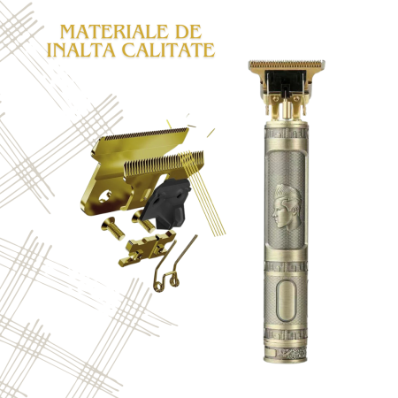 Aparat Profesional De Ras, Tuns si Conturat din Inox, Electric, Lama Ceramica din Titan in Forma de T, Reincarcabil, USB, 4 Gratare, Cap Rezistent la Apa, Retro, Auriu, FilSAB [2]