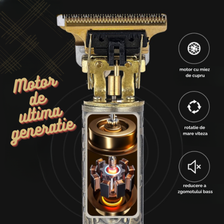 Aparat Profesional De Ras, Tuns si Conturat din Inox, Electric, Lama Ceramica din Titan in Forma de T, Reincarcabil, USB, 4 Gratare, Cap Rezistent la Apa, Retro, Auriu, FilSAB [5]