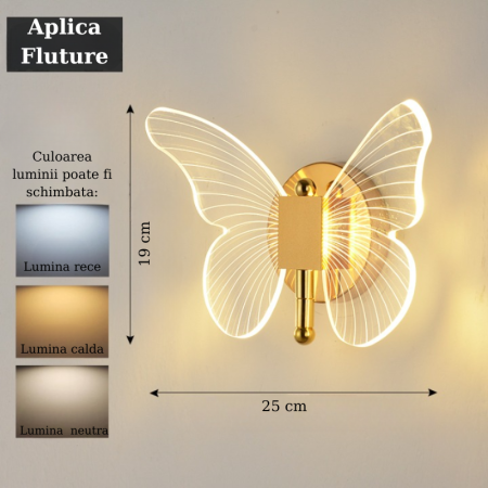 Aplica de Perete, LED, Design in forma de Fluture, Dimabila, 3 Tipuri de Lumina, Calda, Neutra si Rece, Ambientala, Potrivita pentru Perete sau Tavan in Dormitor, Bucatarie, Hol, Living, Camera Copii, [1]