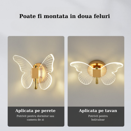 Aplica de Perete, LED, Design in forma de Fluture, Dimabila, 3 Tipuri de Lumina, Calda, Neutra si Rece, Ambientala, Potrivita pentru Perete sau Tavan in Dormitor, Bucatarie, Hol, Living, Camera Copii, [3]