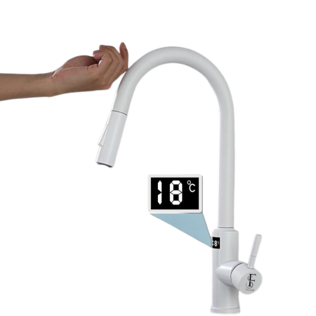 Baterii sanitare - Baterie bucatarie alba, profesionala, afisaj digital LED temperatura, senzor de pornire la atingere (touch control), rotire 360°, dus extractibil si pipa pivotanta, 2 functii de curgere a apei, silent