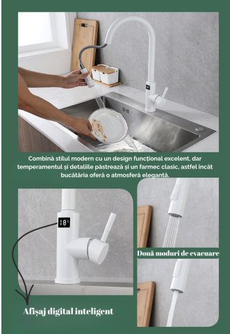 Baterie bucatarie alba, profesionala, afisaj digital LED temperatura, senzor de pornire la atingere (touch control), rotire 360°, dus extractibil si pipa pivotanta, 2 functii de curgere a apei, silent [7]