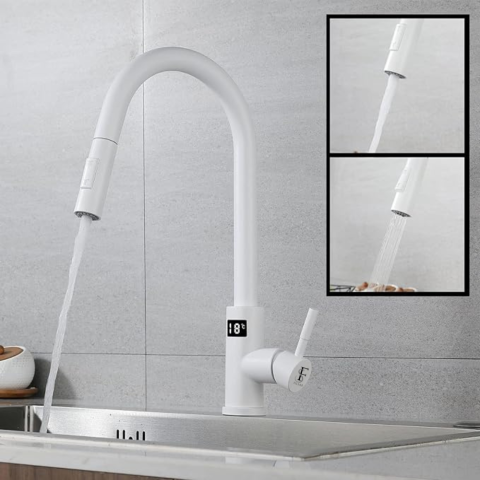 Baterie bucatarie alba, profesionala, afisaj digital LED temperatura, senzor de pornire la atingere (touch control), rotire 360°, dus extractibil si pipa pivotanta, 2 functii de curgere a apei, silent [9]