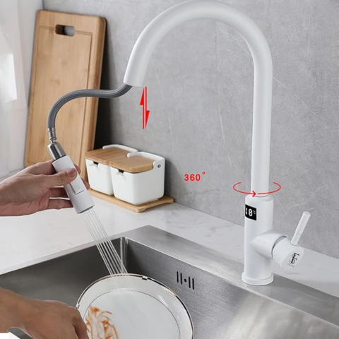 Baterie bucatarie alba, profesionala, afisaj digital LED temperatura, senzor de pornire la atingere (touch control), rotire 360°, dus extractibil si pipa pivotanta, 2 functii de curgere a apei, silent [5]