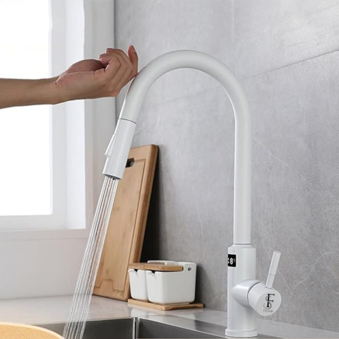 Baterie bucatarie alba, profesionala, afisaj digital LED temperatura, senzor de pornire la atingere (touch control), rotire 360°, dus extractibil si pipa pivotanta, 2 functii de curgere a apei, silent [13]
