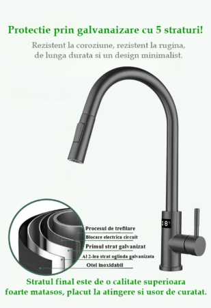 Baterie Bucatarie Antracit, Profesionala, Afisaj Digital LED Temperatura, Senzor de Pornire la Atingere (touch control), Rotire 360°, Dus Extractibil si Pipa Pivotanta, 2 Functii de Curgere a Apei, Si [7]