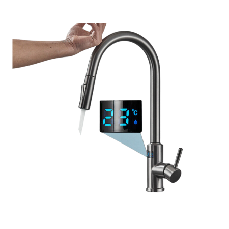 Baterii sanitare - Baterie Bucatarie Antracit, Profesionala, Afisaj Digital LED Temperatura, Senzor de Pornire la Atingere (touch control), Rotire 360°, Dus Extractibil si Pipa Pivotanta, 2 Functii de Curgere a Apei, Si