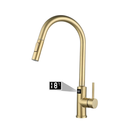 Baterii sanitare - Baterie Bucatarie Aurie, Profesionala, Afisaj Digital LED Temperatura, Senzor de Pornire la Atingere (touch control), Rotire 360°, Dus Extractibil si Pipa Pivotanta, 2 Functii de Curgere a Apei, Silen
