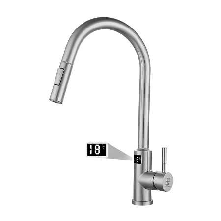 Baterii sanitare - Baterie Bucatarie Gri - INOX, Profesionala, Afisaj Digital LED Remperatura, Senzor de Pornire la Atingere (touch control), Rotire 360°, Dus Extractibil si Pivotant, 2 Functii de Curgere a Apei, Silent