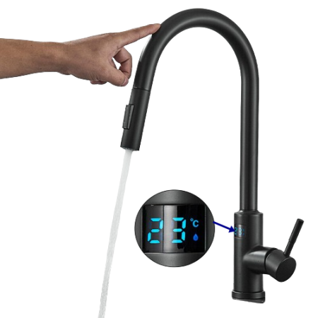 Baterii sanitare - Baterie bucatarie, profesionala, afisaj digital LED temperatura, TOUCH, senzor de pornire la atingere, rotire 360°, dus extractibil si pipa pivotanta, 2 functii de curgere a apei, silentios, smart tou