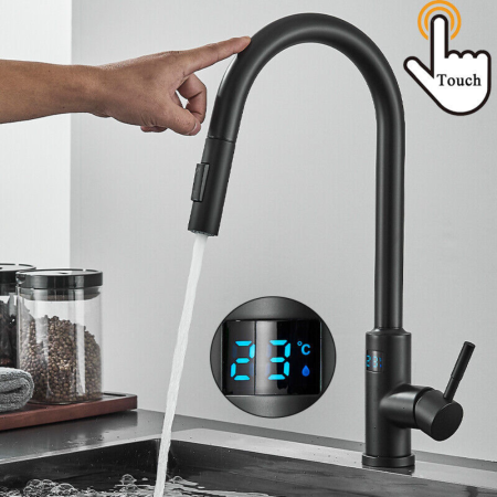 Baterie bucatarie, profesionala, afisaj digital LED temperatura, TOUCH, senzor de pornire la atingere, rotire 360°, dus extractibil si pipa pivotanta, 2 functii de curgere a apei, silentios, smart tou [1]