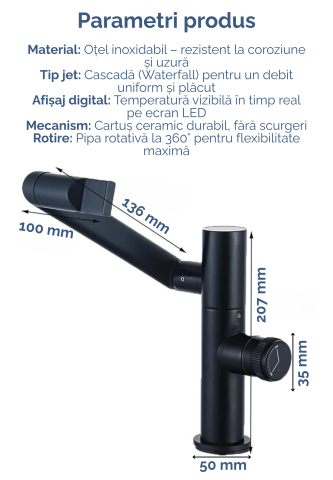 Baterie Lavoar, Chiuveta, Baie, Afisaj Digital LED Temperatura, Jet de apa tip Cascada, Rotire 360°, Montare pe Chiuveta, Monocomanda, Silentios, Smart, Modern, Ultima Generatie, Rezistent la rugina s [3]