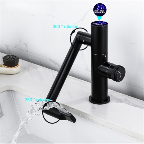 Baterii sanitare - Baterie Lavoar, Chiuveta, Baie, Afisaj Digital LED Temperatura, Jet de apa tip Cascada, Rotire 360°, Montare pe Chiuveta, Monocomanda, Silentios, Smart, Modern, Ultima Generatie, Rezistent la rugina s