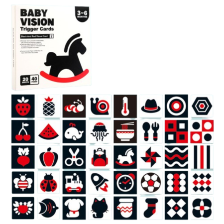 Jucarii interactive bebelusi - Carti Stimulare Vedere si Cognitiva, Alb/Negru/Rosu 3-6 Luni, Montessori, FilSAB
