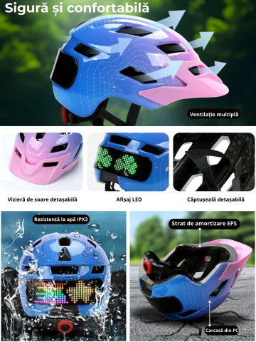 Casca de protectie bicicleta, cu afisaj LED si semnale de directie, pentru copii (baieti si fete), cu telecomanda wireless, captuseala EPS, Viziera de soare detasabila, Dimensiune reglabila [1]