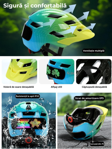 Casca de protectie bicicleta, cu afisaj LED si semnale de directie, pentru copii (baieti si fete), cu telecomanda wireless, captuseala EPS, Viziera de soare detasabila, Dimensiune reglabila [1]