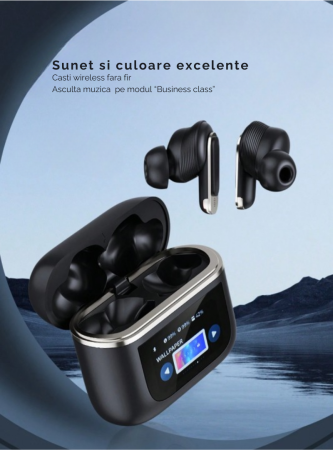 Casti Wireless, Smart Case cu Touch Screen, Noise Cancelling 360°, Microfon HD, Casca Control Tactil, Compatibil cu orice aparat Bluetooth 5.3, Negru, FilSAB [6]