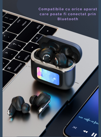 Casti Wireless, Smart Case cu Touch Screen, Noise Cancelling 360°, Microfon HD, Casca Control Tactil, Compatibil cu orice aparat Bluetooth 5.3, Negru, FilSAB [9]