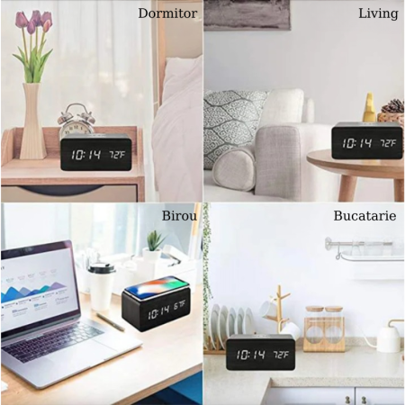 Ceas digital multifunctional, FILSAB, Alarma, Afisaj LED, Incarcare telefon cu wireless, Afisaj temperatura, mod zi/noapte, Comanda vocala, 3 nivele de lumina, Alb [6]