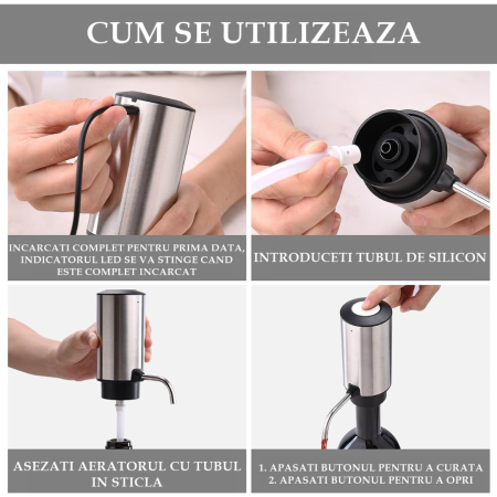Decantor cu Aerator de Vin, Electric Reincarcabil USB, Inox, Buton Pornire-Oprire, FilSAB [2]