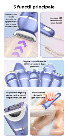 Epilator electric 7 in 1 pentru femei, aparat de ras electric dama, rasier electric feminin, trimmer intim bikini femei, epilator zona intima, axile si picioare, aparat epilat electric, rezistent la a [4]