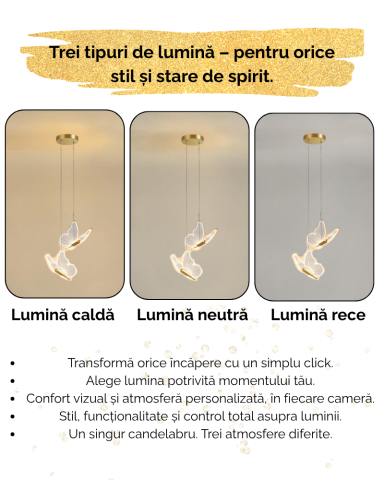 Lustra LED, Suspendata, Pendul, 2 Surse de Lumina, Design in forma de Fluture, Dimabila, 3 Tipuri de Lumina, Calda, Neutra si Rece, Potrivit pentru Dormitor, Bucatarie, Hol, Living, Camera Copii, Rest [9]